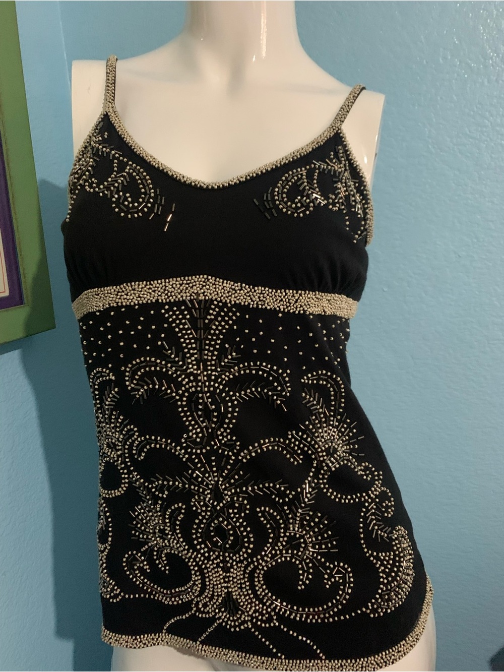 Twisted Heart Heavily Beaded Black Spaghetti Strap Top Size Small
